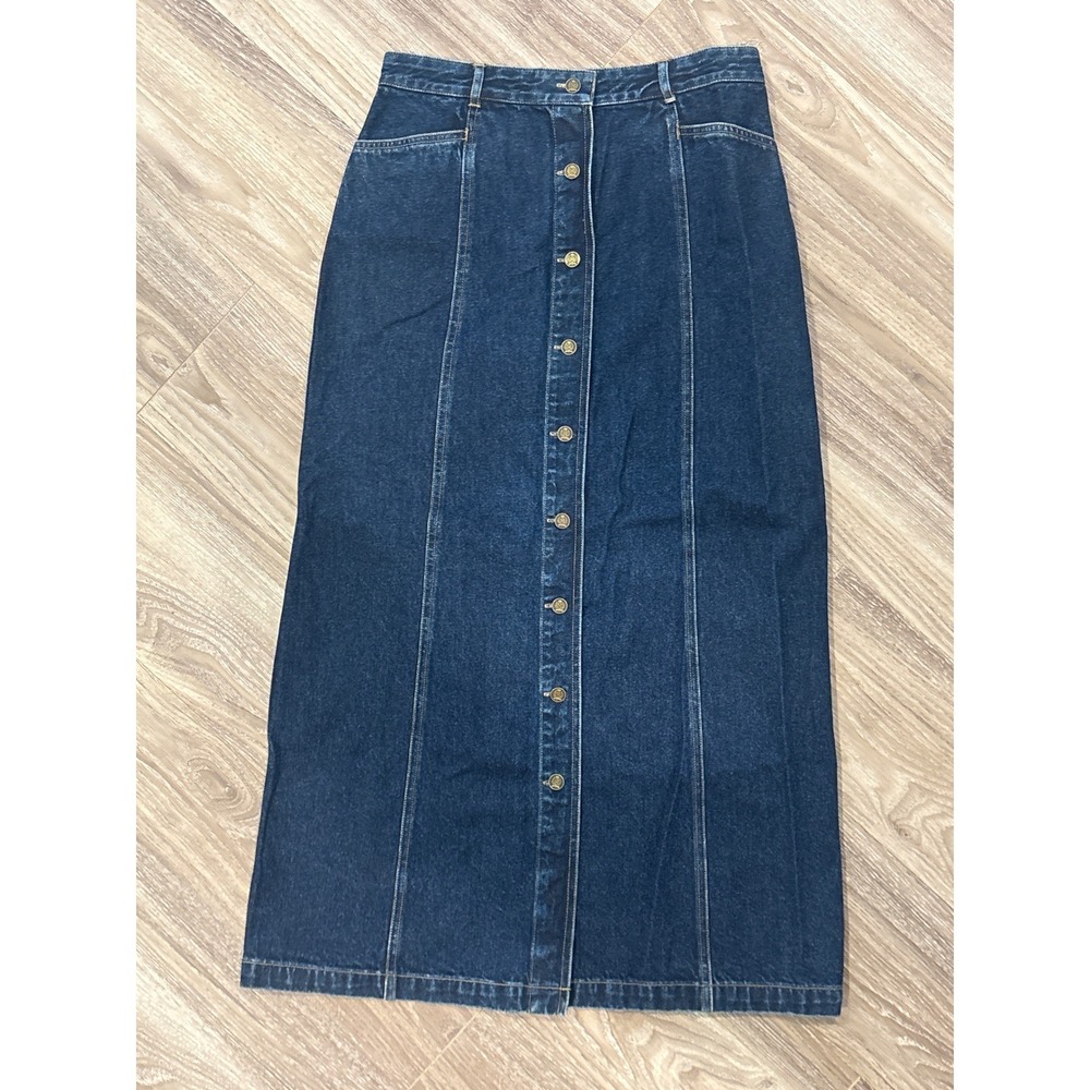 Tommy Hilfiger Vintage 90s Denim Maxi Skirt Button Front Dark Wash Blue Size 8